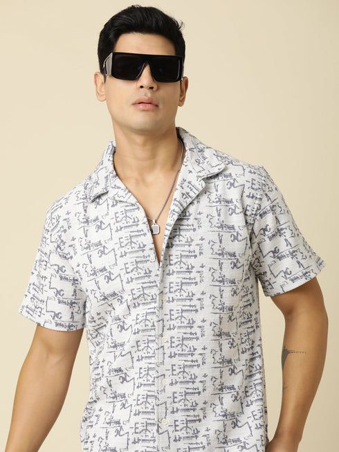JOVEN Men Printed Casual Navy Oversized Half Sleeve Shirt